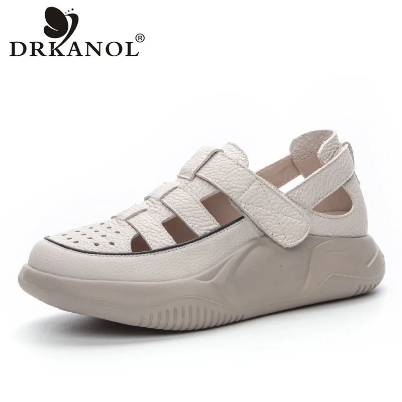 DRKANOL 2025 Women Genuine Leather Sandals Summer Hollow Thick Sole Platform Casual Sandals Outside Lightweight Wedges Sandals