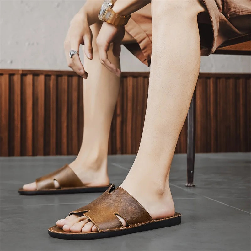STRONGSHEN Fashion Men's Slippers Summer Outer Wear Non-Slip Wear-Resistant Casual Luxury Slippers Leather Slippers Outdoor
