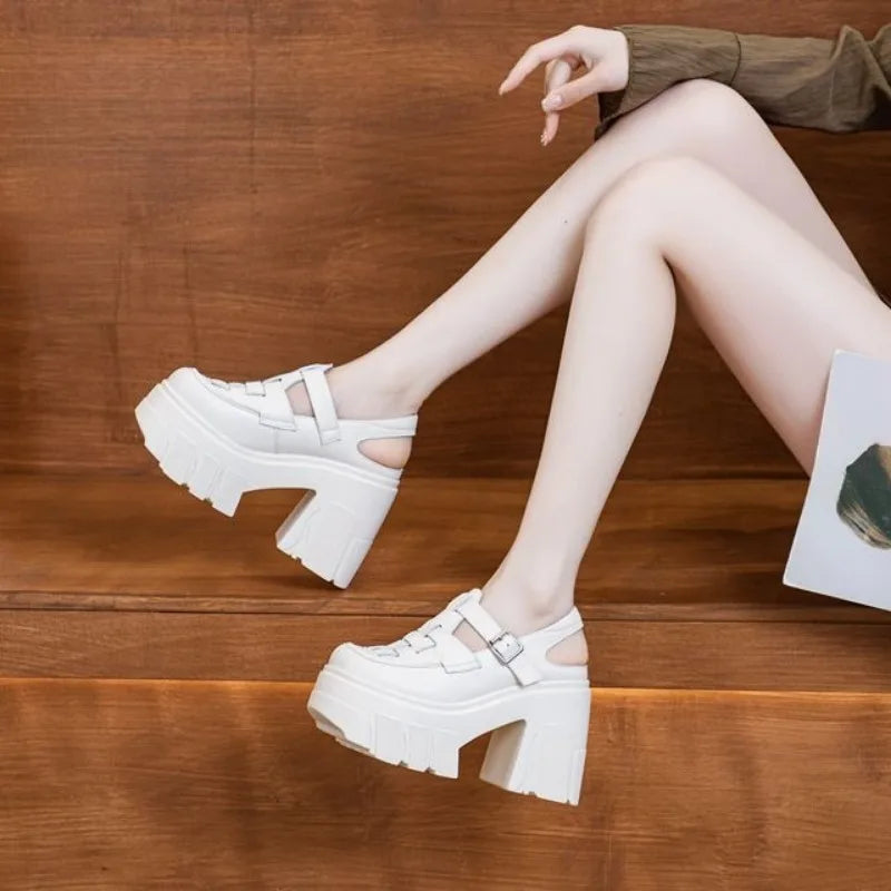 Fujin 11cm Weave Patent Genuine Leather Breathable Pumps Summer Ankle Boots Mary Jane Casual Buckle Platform Chunky Heels Shoes