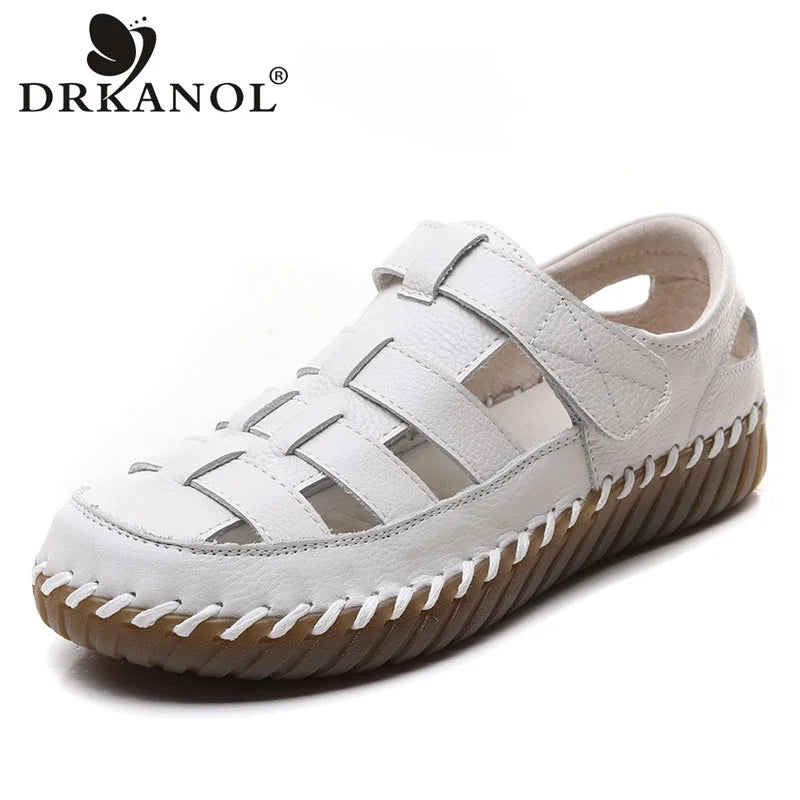 DRKANOL Fashion Women Flat Sandals Summer Shoes 100% Genuine Cow Leather Hook And Loop Hollow Soft Cow Muscle Roman Sandals Lady