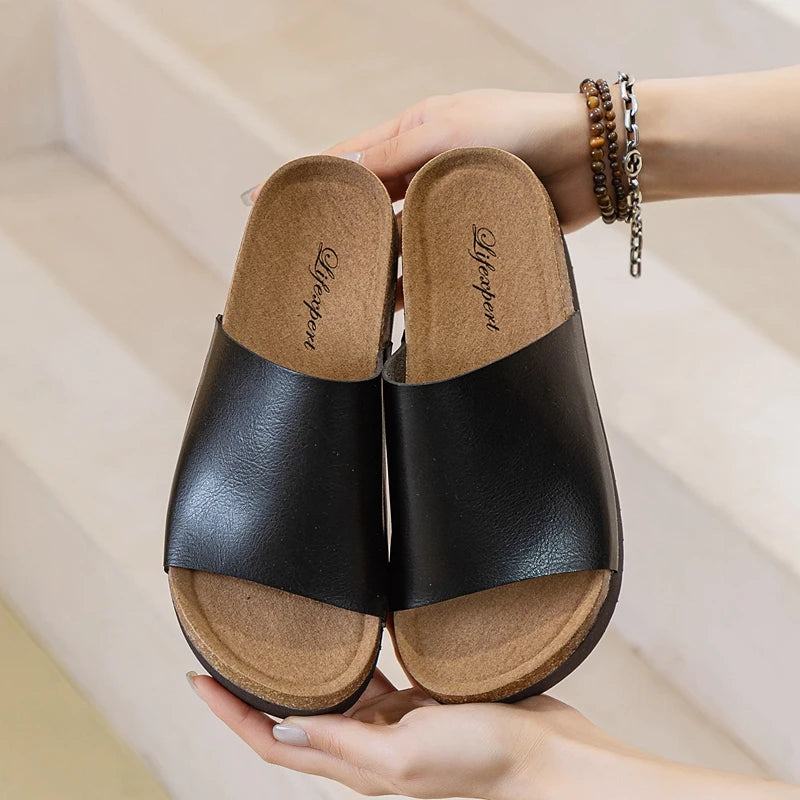 AUTUSPIN Fashion Ladies Slippers Sandals High Platform Comfort Casual Shoes Women Summer Soft Leather Outside Wedges Heels Woman