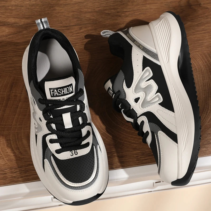 AUTUSPIN 4.5cm Comfortable Thick Soled Ladies Shoes Outdoor Casual Fashion Sneakers Women Leather Footwear Students Gym Shoes