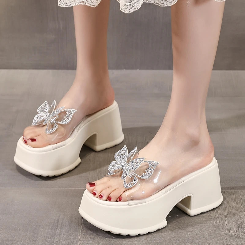 AUTUSPIN 9cm High Thick Heels Women Sandals Summer Sexy Fashion Slides Shoes Crystal Buttetfly PVC Transperant Ladies Shoes
