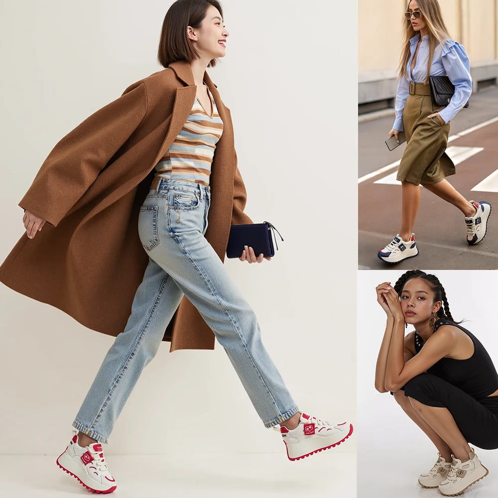 Fujin 8.5cm Synthetic Genuine Leather Spring Combat Autumn Ankle Platform Wedge Flats Chunky Sneakers Shoes Vulcanize Women