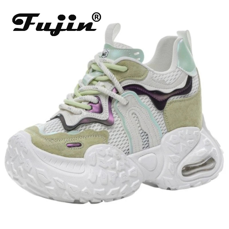 Fujin 12cm Air Mesh Shoes Mules Shoes Vulcanize Sandals Chunky Sneakers Hollow Slides Women Summer Microfiber Platform Wedge