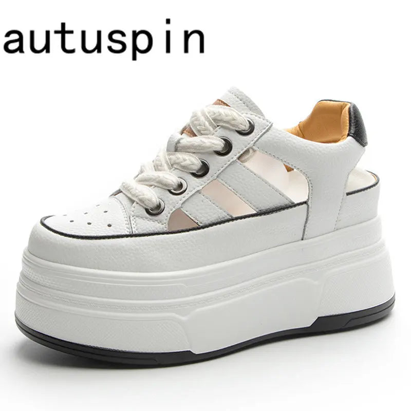 Autuspin Summer Sport Sandals Women Fashion Genuine Leather Hollow Out Vulcanized Shoes Ladies Rome Style High Platform Sneakers