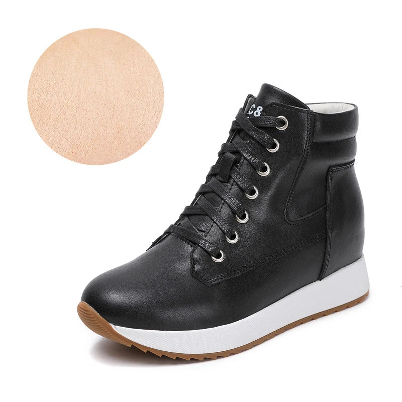 Fujin 7cm Genuine Leather Women Ankle Booties Platform Wedge Hidden Heels Warm Women Autumn Spring Casual Chunky Sneaker Shoes