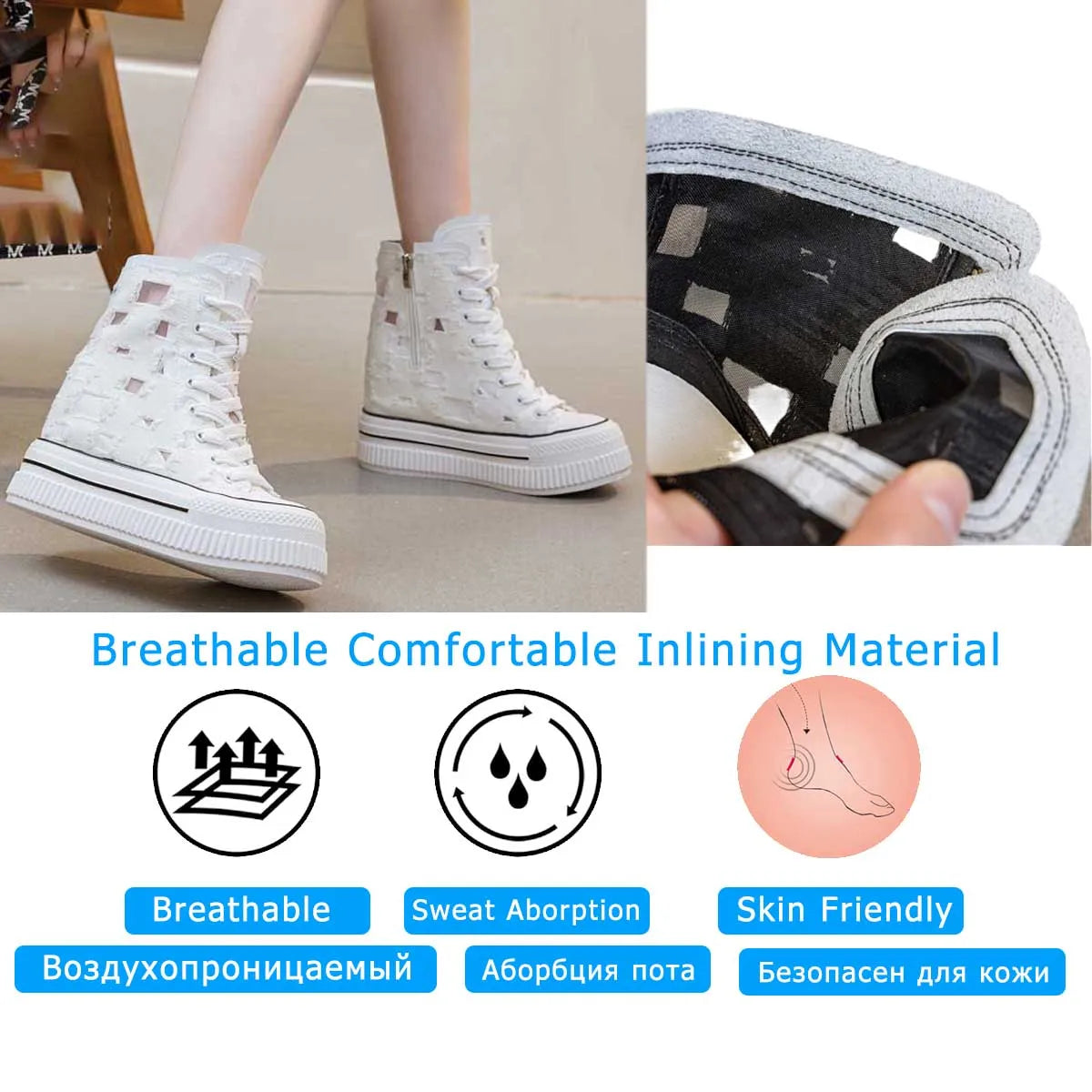 Koznoy 13CM Denim Air Mesh  Women Chunky Sneakers Hollow Ankle Booties High Brand Platform Wedge Flats Fashion Causal Shoes