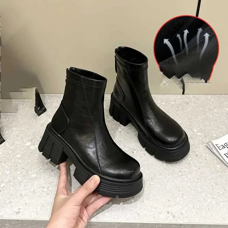 Fujin 7cm Genuine Leather Spring Round Toe Shoes Motorcycle Boots Women Ladies Fashion Chimney Autumn Moccasins Ankle Booties