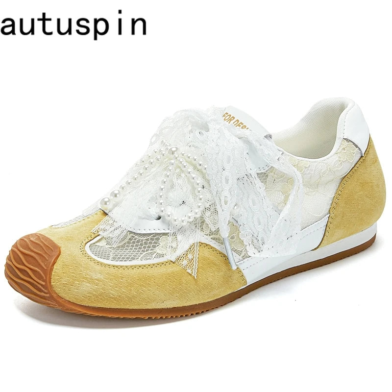 AUTUSPIN Sweet Women Shoes for Summer Lace Genuine Leather Female Sneakers String Beads Flat Platform Ladies Casual Sneaker