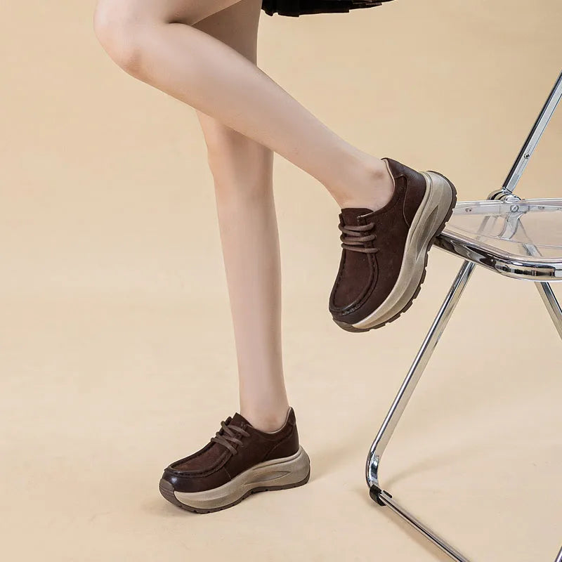 DRKANOL 2025 Women Casual Sneakers Thick Sole Chunky Platform Wedges Heel Genuine Cow Leather Lace-Up Handmade Retro Shoes H9628