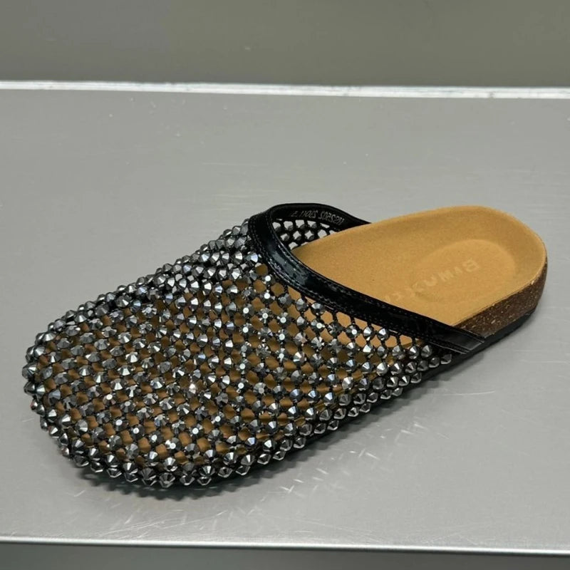 AUTUSPIN Women Tide Slippers Slip-on Ladies Shiny Crystal Shoes Fashion Round Toe Slides Female Party Leisure Flats Sandals