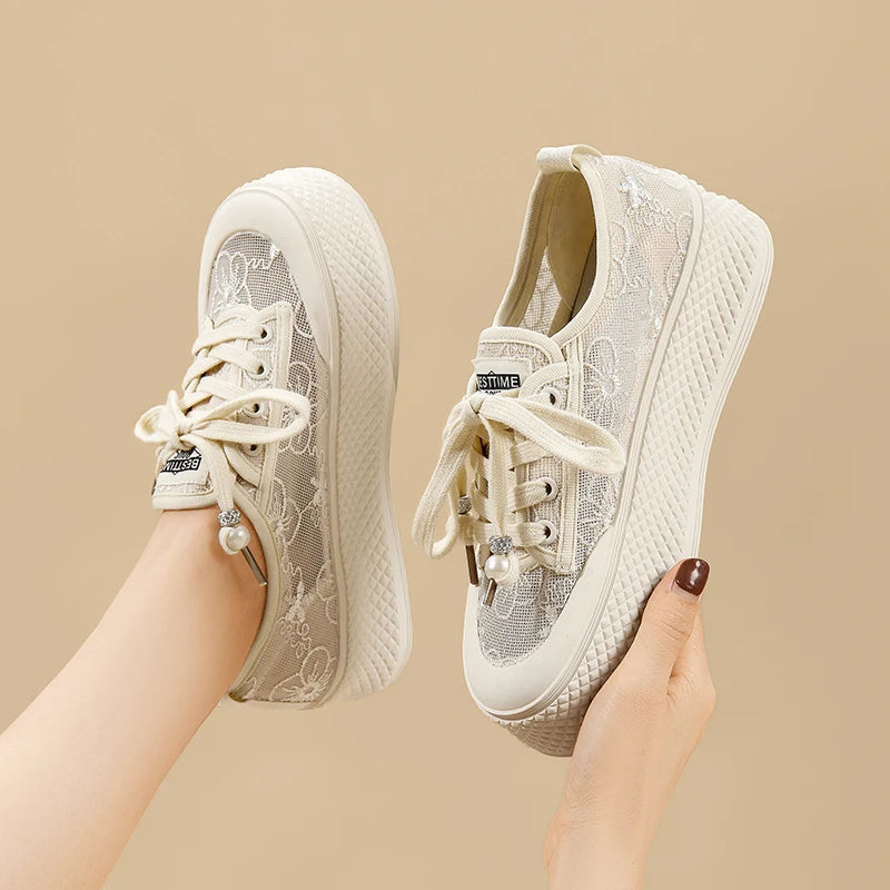AUTUSPIN 4cm Breathable Lace Mesh Women's Shoes Summer New Arrival Platform Chunky Canvas Shoe Students Casual Sneakers 2024