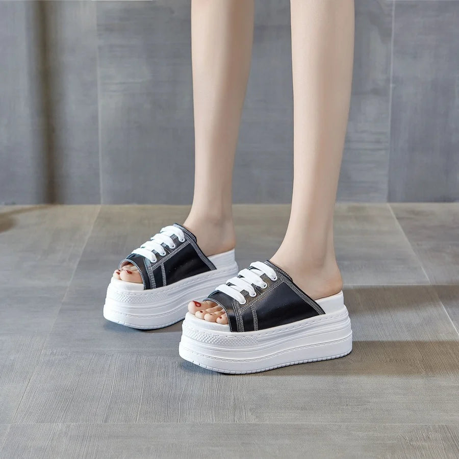 Fujin 9cm Full Cow Genuine Leather Women Summer Shoes Platform Slippers Wedge Sandals Open Toe Slides High Heel Comfy Open Toe