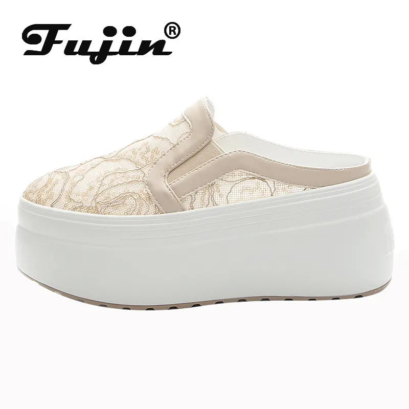 Fujin 8cm Air Mesh Lace Genuine Leather Comfy Platform Wedge Slippers High Brand Breathable Summer Platform Wedge Casual Shoes
