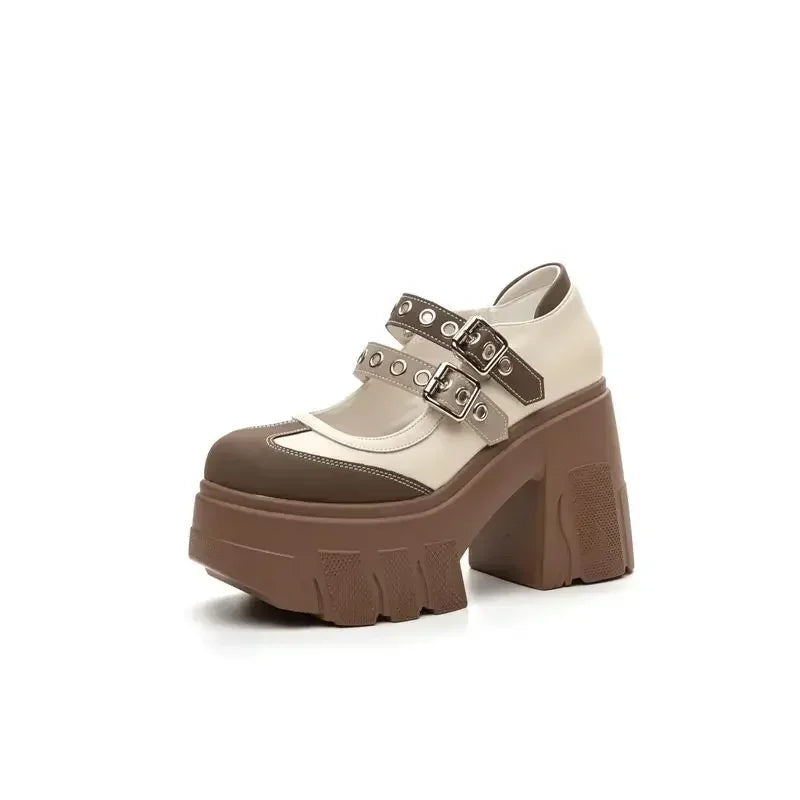 Fujin 11cm Synthetic Patent Genuine Leather Chunky Heels Pumps Summer Ankle Boots Mary Jane Chunky Heels Buckle Platform Shoes