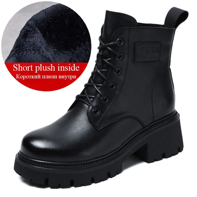 DRKANOL 2025 Fashion Women Genuine Cow Leather Thick Heel Ankle Boots Autumn Winter Chunky Platform Handmade Retro Warm Boots