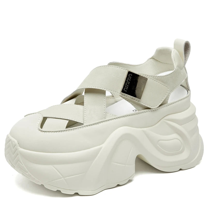 Autuspin 8cm Women Chunky Platform Sandals Summer Hollow New Synthetic Leather Ladies Shoes Wedges Platforms Female High Heels