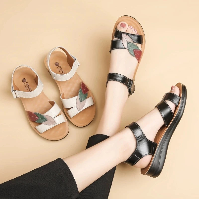 WOIZGIC Women's Mother Ladies Female Genuine Leather Sandals Shoes Platform Summer Cool Beach Soft Waterproof Leaf Non Slip