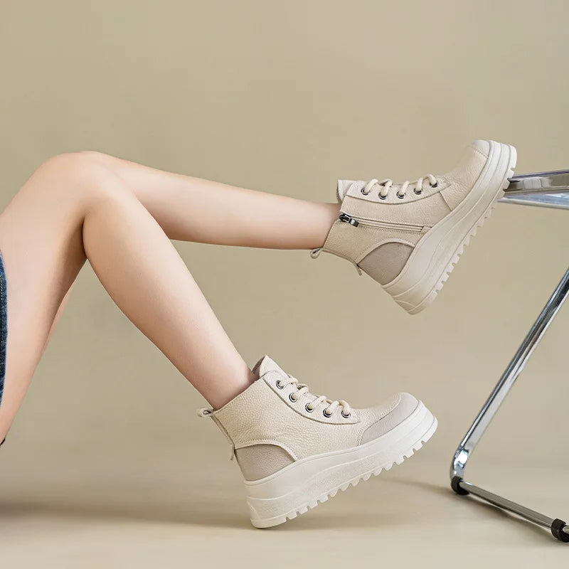 DRKANOL Fashion Women Thick Sole Wedges Heel Ankle Boots Spring Autumn Round Toe Genuine Leather Chunky Platform Casual Boots