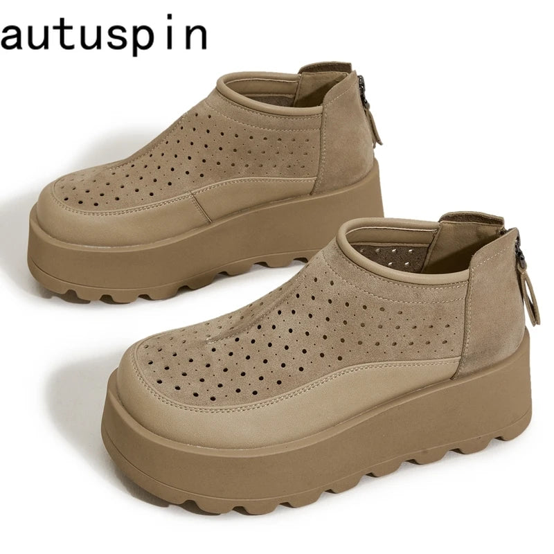 AUTUSPIN 6cm Women Pumps Back Zipper Ladies Shoes Platform Wedges Female Round Toe Hollow Out Shoes Summer Soft Leather Sandals