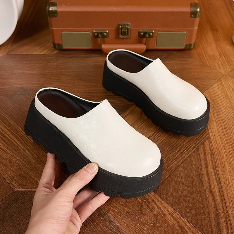 AUTUSPIN 7cm High Heels Mules Shoes for Women 2025 Spring Summer Fashion Thick Soled Ladies Slippers Round Toe Loafers Woman