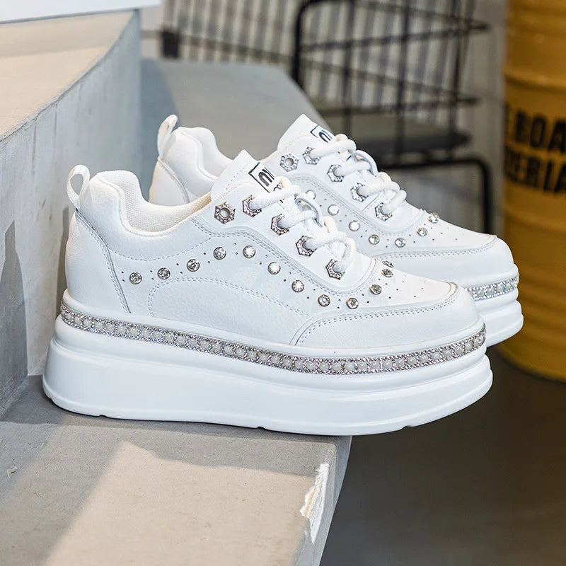 Fujin 7cm Genuine Leather Women Casual Bling Chunky Sneakers Platform Wedge Vulcanized Autumn Spring Hidden Heels Ladies Shoes