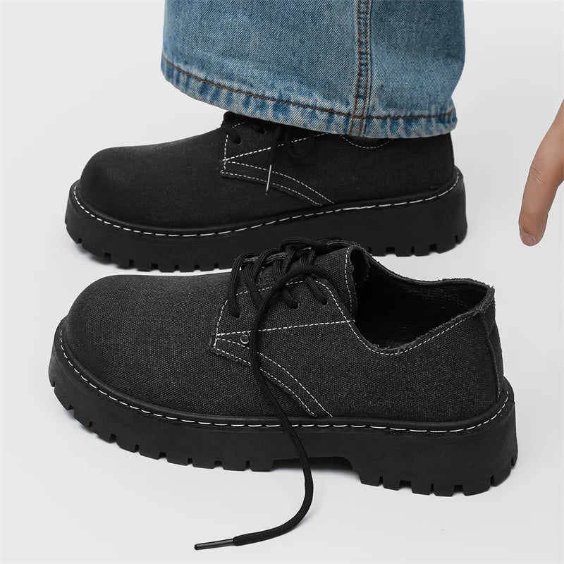 Men's Casual Shoes Comfortable Breathable Canvas Upper Thick Bottom Fashion Sewing Round Toe Leather Chunky Shoes Male Footwear
