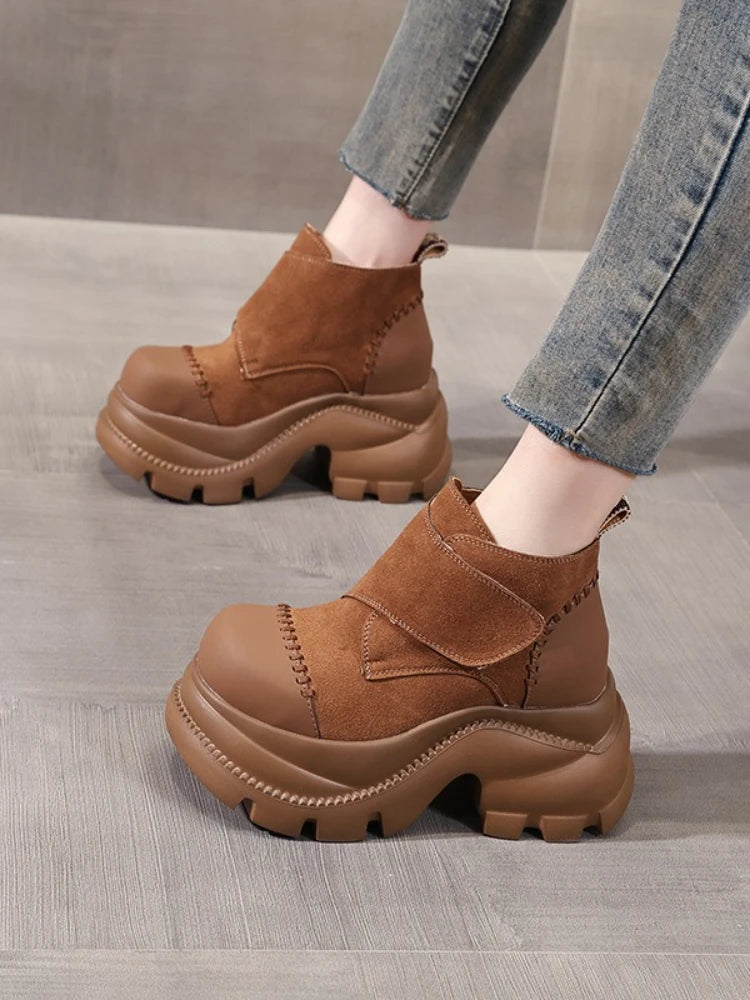 Fujin 9cm Genuine Leather Women Ankle Boots Chunky Heel Platform Booties Spring Autumn Shoes Comfortable Non Slip Fashion Boots