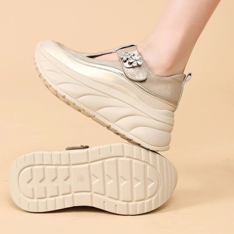 Fujin 8cm Platform Sneakers for Women Casual Shoes Slip on Magic Tape Chunky Shoes White Women Fashion Sneakers Walking Shoes