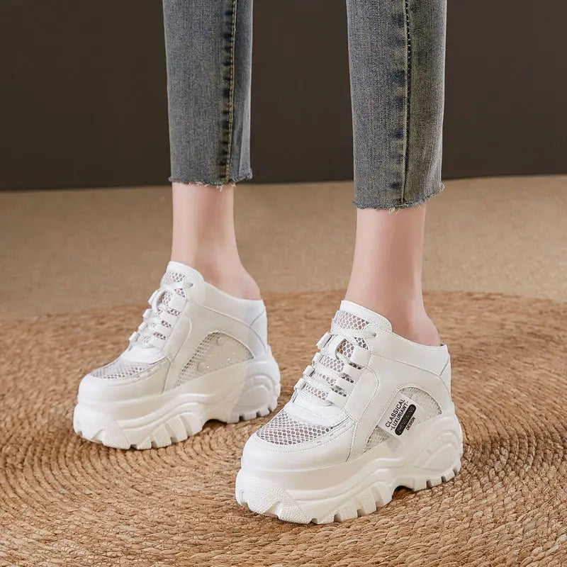 Fujin 12cm Air Mesh Genuine Leather Women Casual Platform Wedge Slipper Hidden Heel Summer Shoes Chunky Sneaker High Heel White