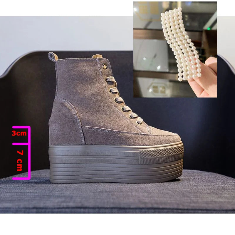 Fujin 12cm Suede Genuine Leather Platform Boots Women Female Spring Autumn Wedge Boots Women Winter Boots Ankle Shoes High Top