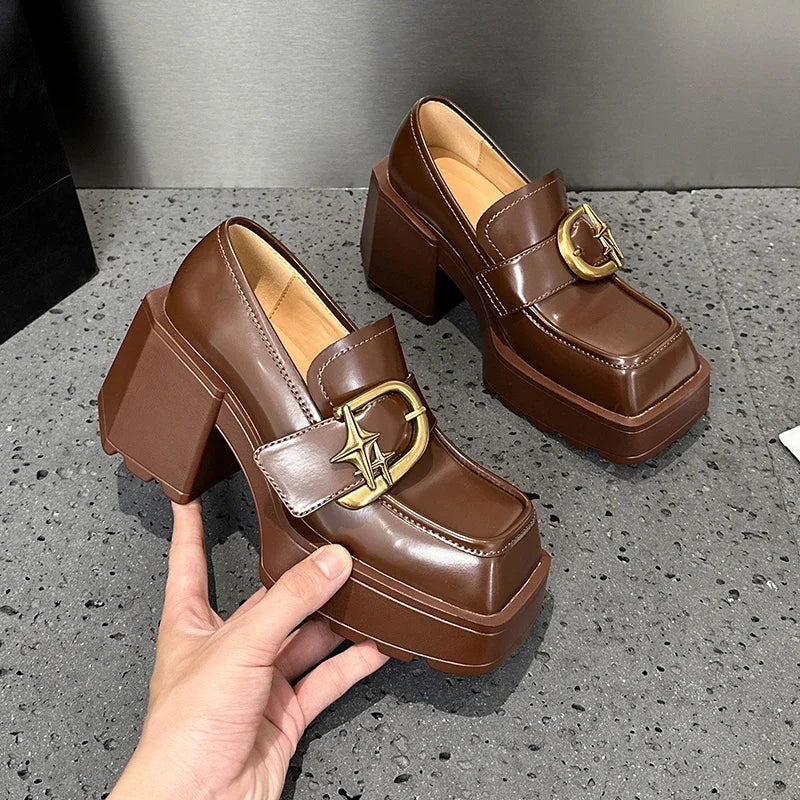 AUTUSPIN New British Style Women Pumps Popular Ladies Mary Janes High Thick Heels Woman Leather Square Toe Shoes Winter Female