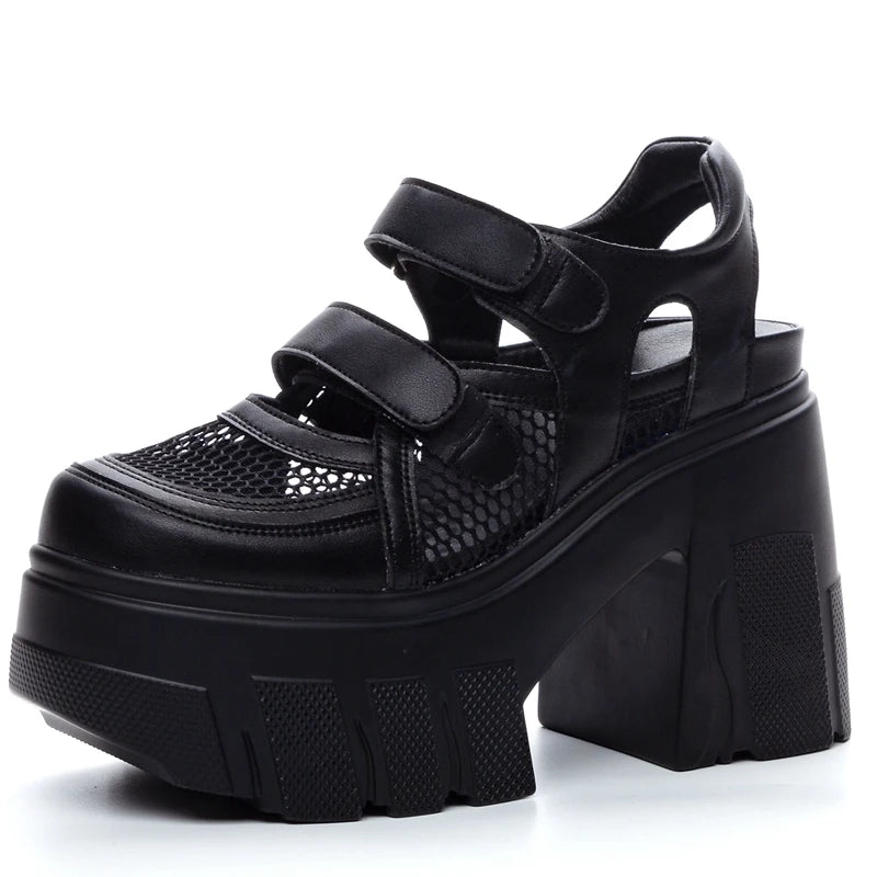 AUTUSPIN Summer Women Mary Janes High Heels Sandals Fashion Mesh Patchwork Leather Breathable Ladies Shoes Party Wedding Pumps