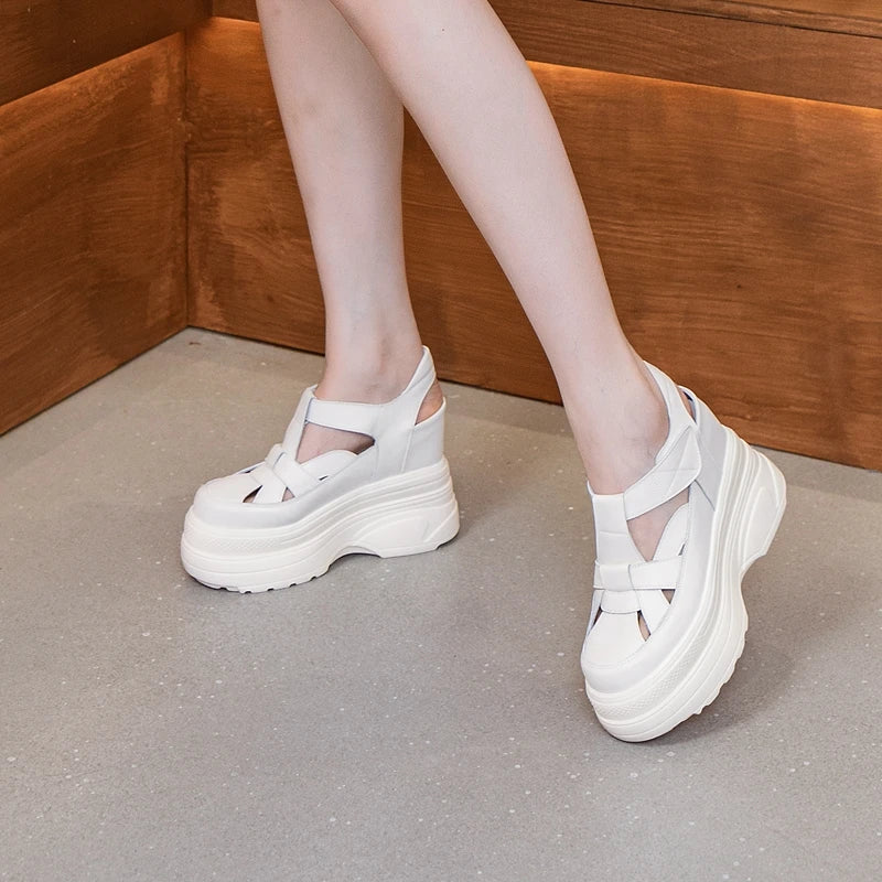 Autuspin 10cm Women Summer Gladiator Sandals High Quality Split Leather Wedges Platform Heels Weave Rome Style Beach Shoes Woman