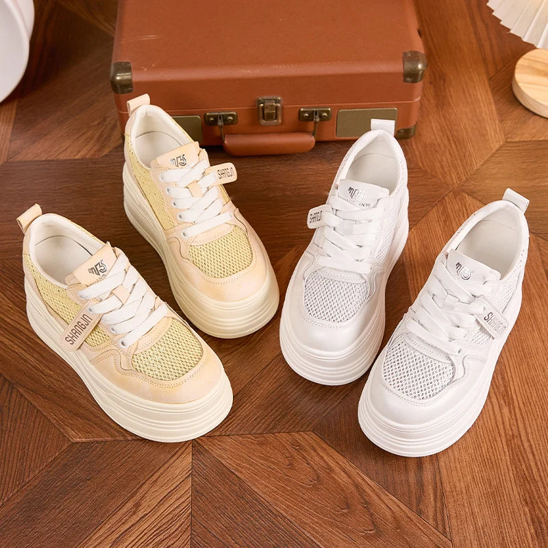 AUTUSPIN Yellow Popular Platform Sneakers Women 2025 Summer Fashion Internal Heighten Ladies Shoes Shiny Bling Mesh Footwear