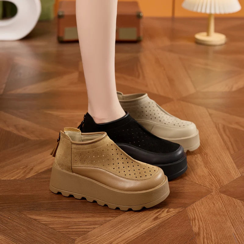 AUTUSPIN 6cm Women Pumps Back Zipper Ladies Shoes Platform Wedges Female Round Toe Hollow Out Shoes Summer Soft Leather Sandals
