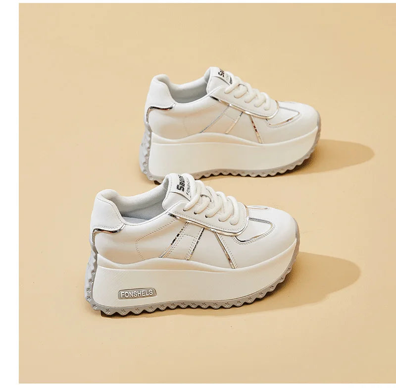 Fujin 7cm Genuine Leather Spring Autumn Chunky Sneakers Breathable Casual Platform Wedge Flats Women Vulcanize Shoes