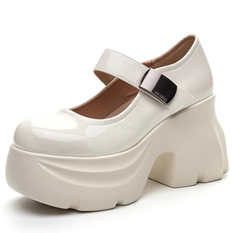 AUTUSPIN 9cm Fashion Wedges Pumps Women Rose Red High Heels Ladies Party Wedding Thick Bottom Leather Shoes Woman Mary Janes