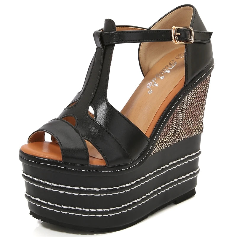 AUTUSPIN 14cm 16cm Super High Heels Microfiber Leather Platform Wedge Sandals Summer Shoes Women Peep Toe Party Wedding Shoes