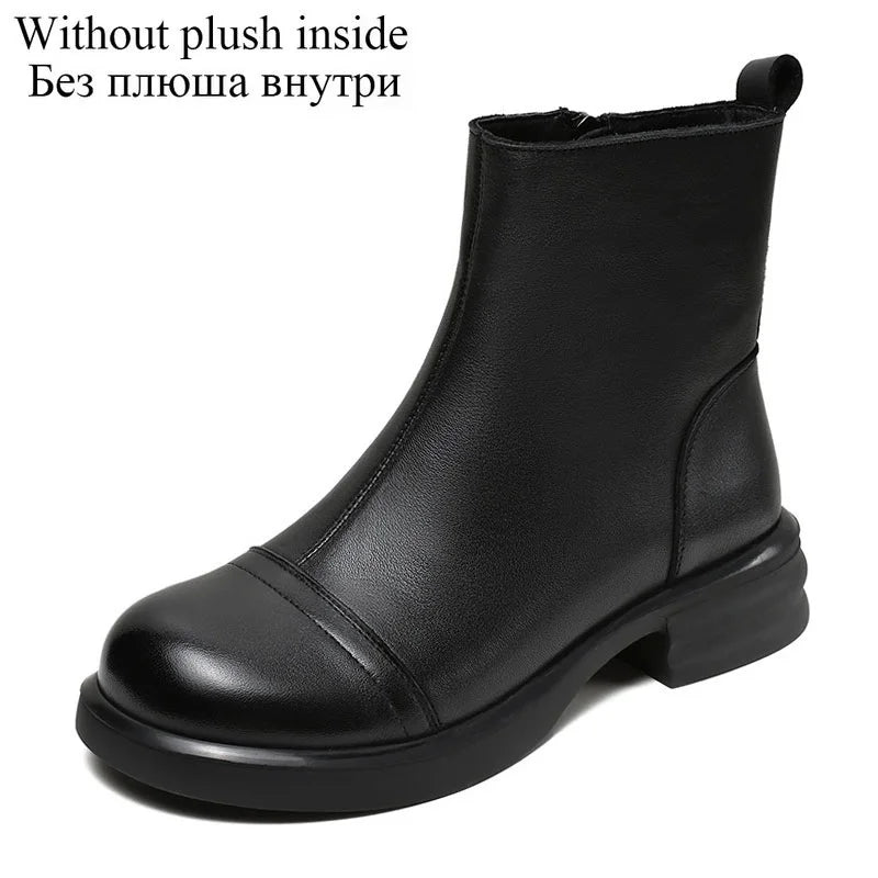 DRKANOL Women Genuine Leather Boots 2025 Autumn Winter Warm Thick Heel Side Zipper Comfort Casual Ankle Chelsea Boots Beige