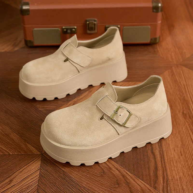 AUTUSPIN Women's Loafers Classic Soft Leather Platform Wedges Shoes 2025 Spring Autumn Buckle Round Toe Female Footwear Woman