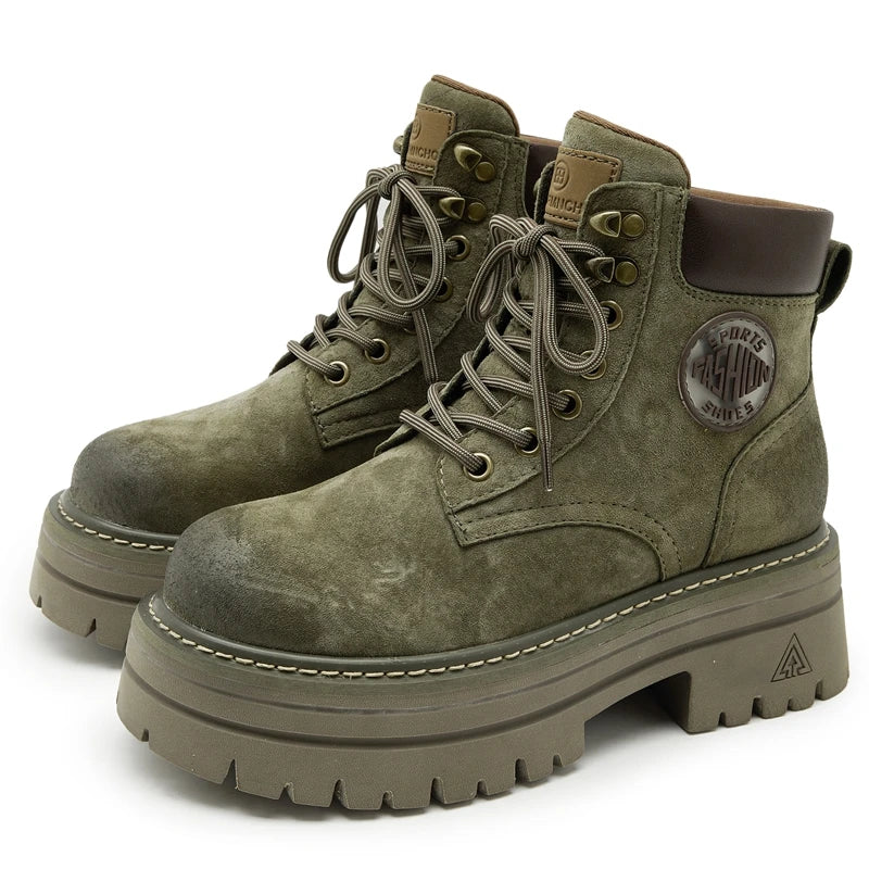 AUTUSPIN 6cm Thick Heels Women Motorcycle Boots Winter Autumn Female Fashion Cross-tied Genuine Leather Shoes Short Ankle Boot