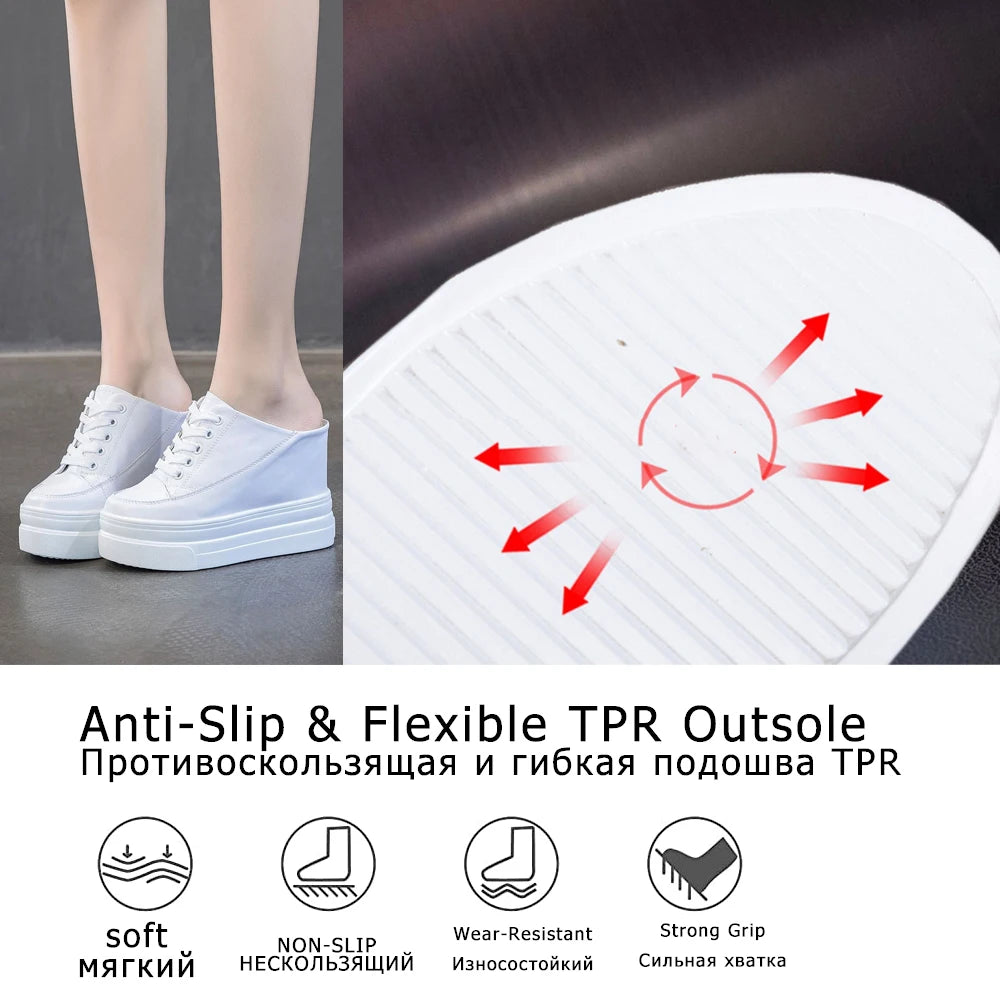 Fujin 11cm Platform Wedge Women Shoes Mules Genuine Leather Hidden Heel Women Summer Shoes Slides Sandals Slippers Spring Autumn