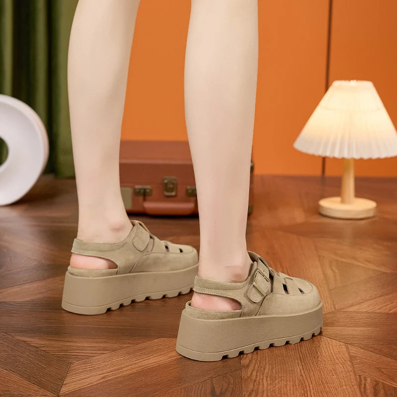 AUTUSPIN 7cm Women Wedges High Heels Fashion Thick Platform Woman Sandals Suede Leather Ladie Summer Shoes Beach Chunky Slippers