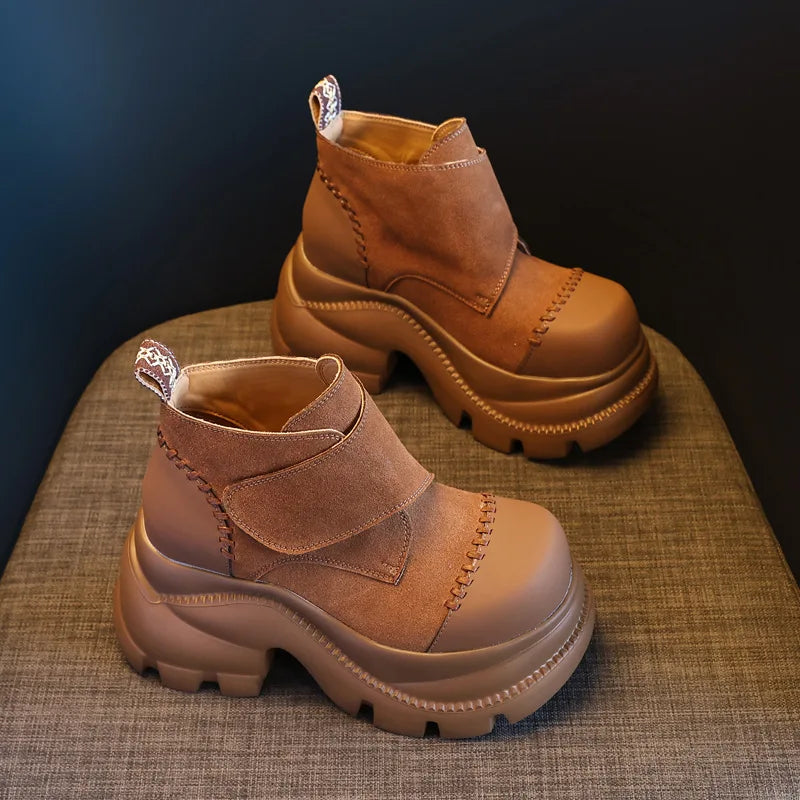 Fujin 9cm Genuine Leather Women Ankle Boots Chunky Heel Platform Booties Spring Autumn Shoes Comfortable Non Slip Fashion Boots