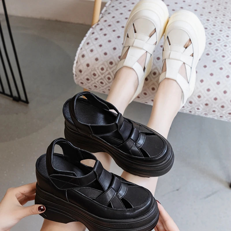 Autuspin 10cm Women Summer Gladiator Sandals High Quality Split Leather Wedges Platform Heels Weave Rome Style Beach Shoes Woman