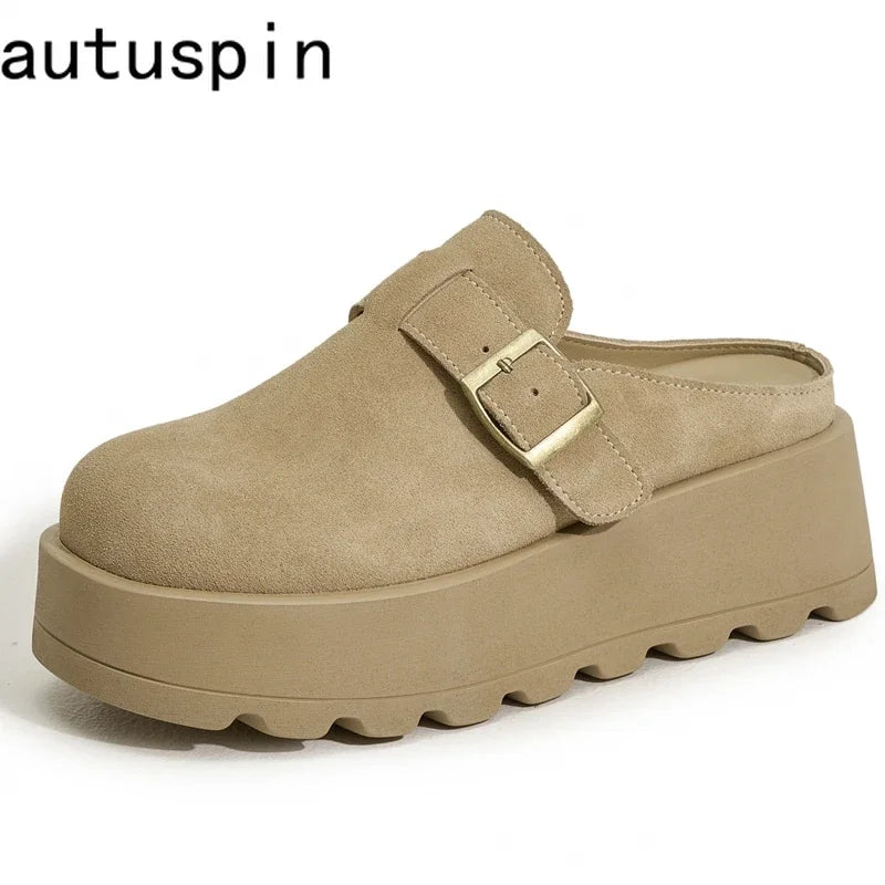 AUTUSPIN Fashion Suede Leather Slippers Women Leisure Buckle Mules Shoes Spring Summer Thick Platform Woman Round Toe Slides