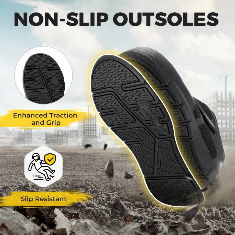 FitVille Safety Men'S Steel Toe Shoes  Wide Width 2E Lightweight Puncture Resistant Non-Slip With Arch Support Black Adjustable