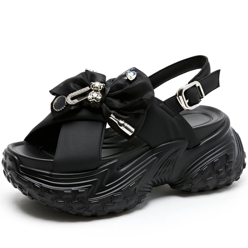 Autuspin Novelty Rome Sandals for Women New Metal Butterfly Knot Platform Ladies Wedges High Heels Sandal Genuine Leather Shoes